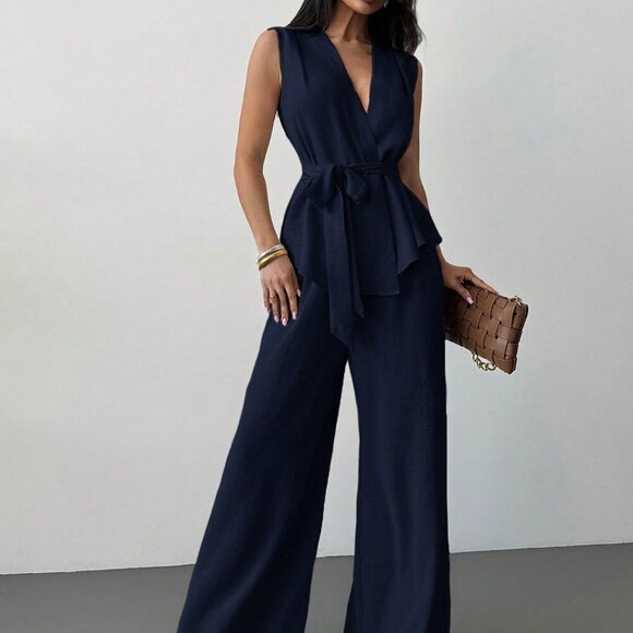 navy blue Elegant Women's Surplice Sleeveless Belted Blouse & Wide leg Pant Set - Picture 1 of 7